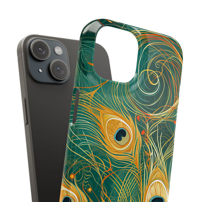 Peacock Elegance in Teal and Gold iPhone 15 - Slim Phone Case