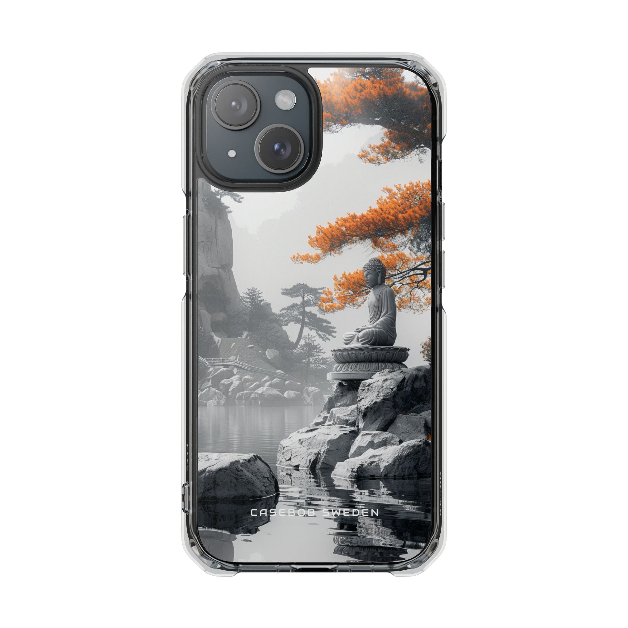 Zen Serenity: Tranquil Landscape with Buddha and Pagoda iPhone 15 - Clear Impact Phone Case