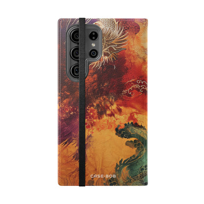 Kultaiset lohikäärmeet liekeissä - Samsung S23 Ultra -lompakkokotelo