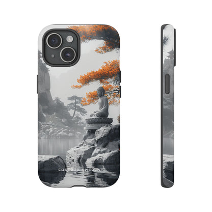 Zen Serenity: Tranquil Landscape with Buddha and Pagoda iPhone 15 - Tough Phone Case