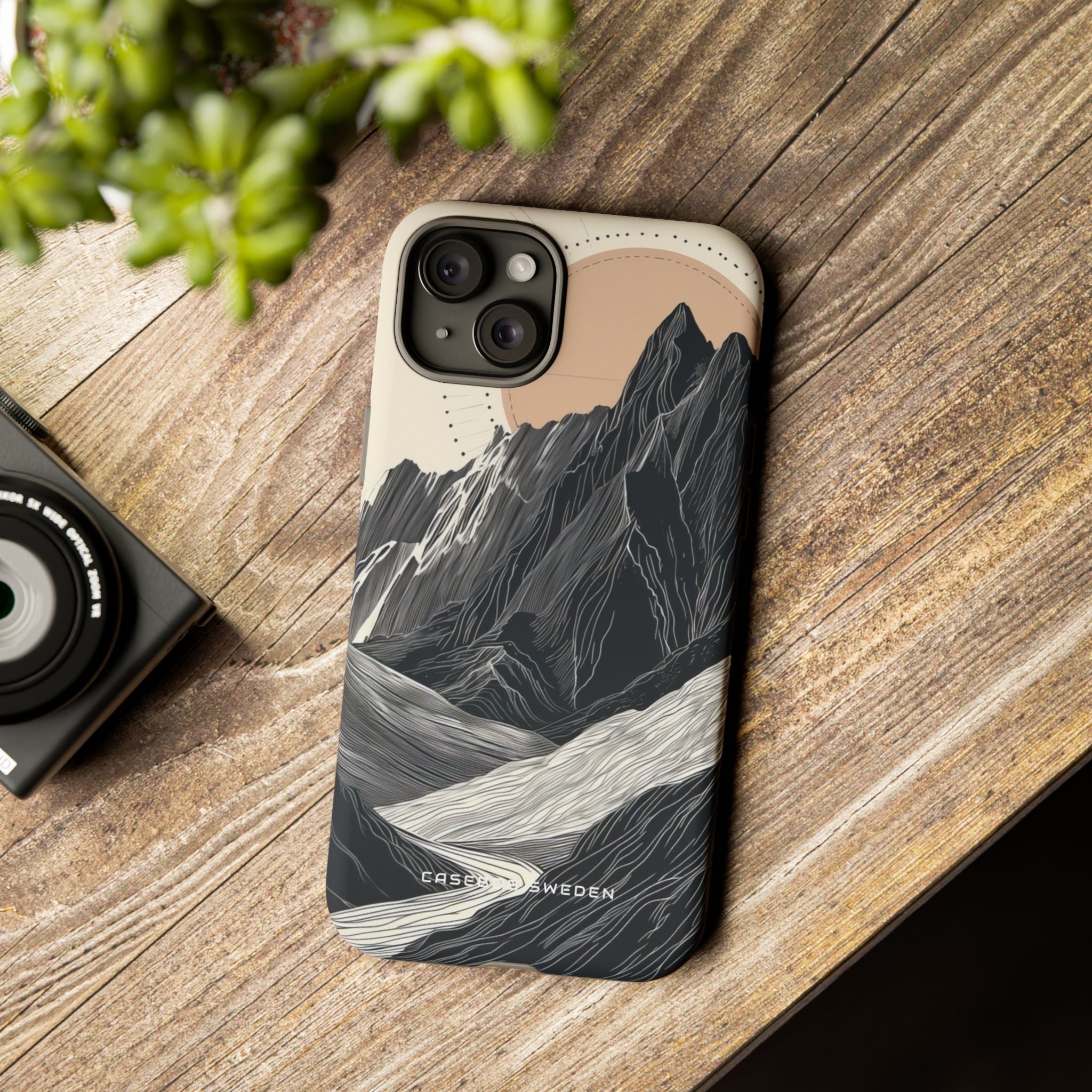 Minimalist Mountain Landscape with Flowing River iPhone 15 - Tough Phone Case