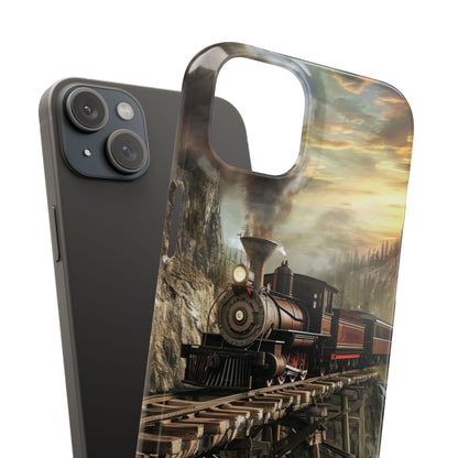 Vintage Steam Train Crossing Mountain Bridge iPhone 15 - Slim Phone Case