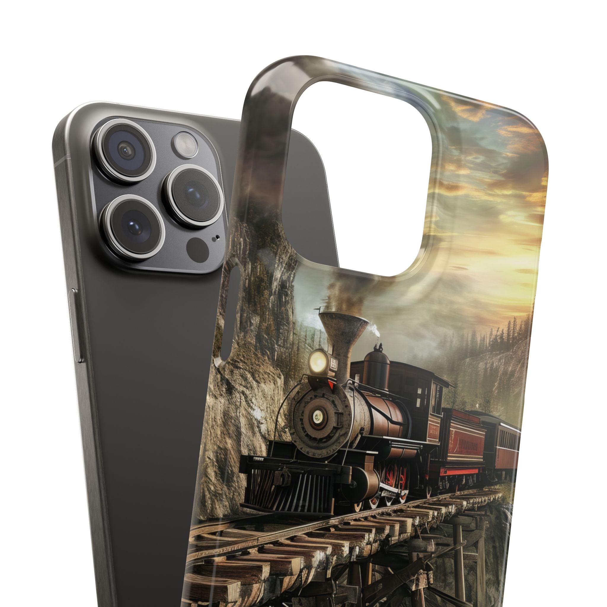 Vintage Steam Train Crossing Mountain Bridge iPhone 15 - Slim Phone Case