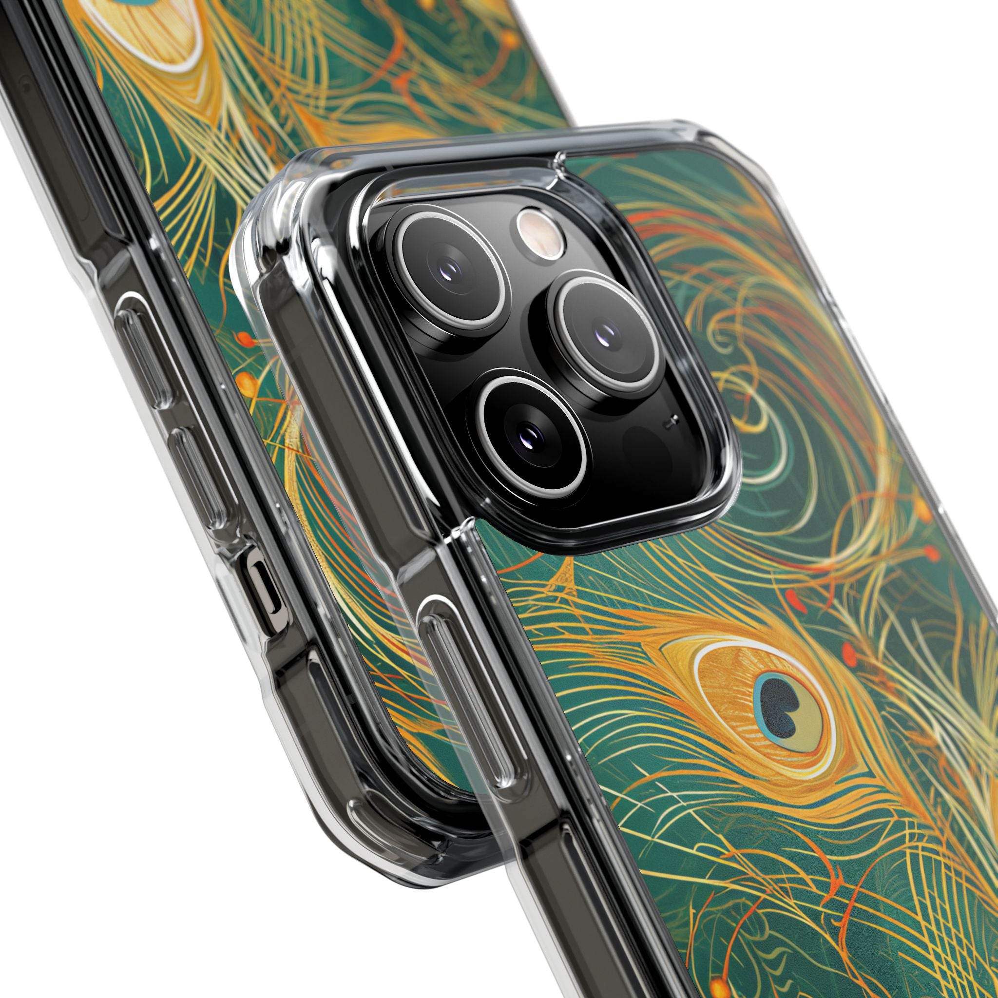 Peacock Elegance in Teal and Gold iPhone 14 - Clear Impact Phone Case