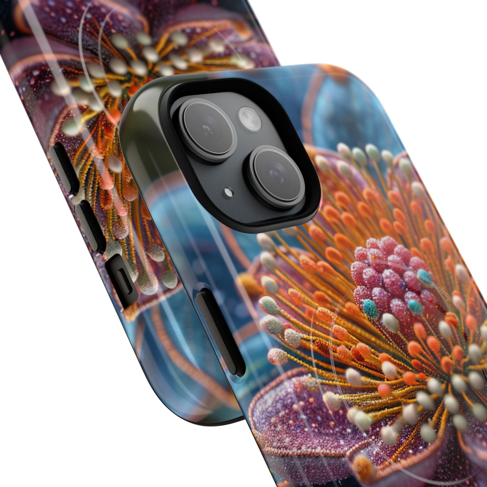 Blue-Orange Floral Swirl - Tough + MagSafe® iPhone 15 Phone Case