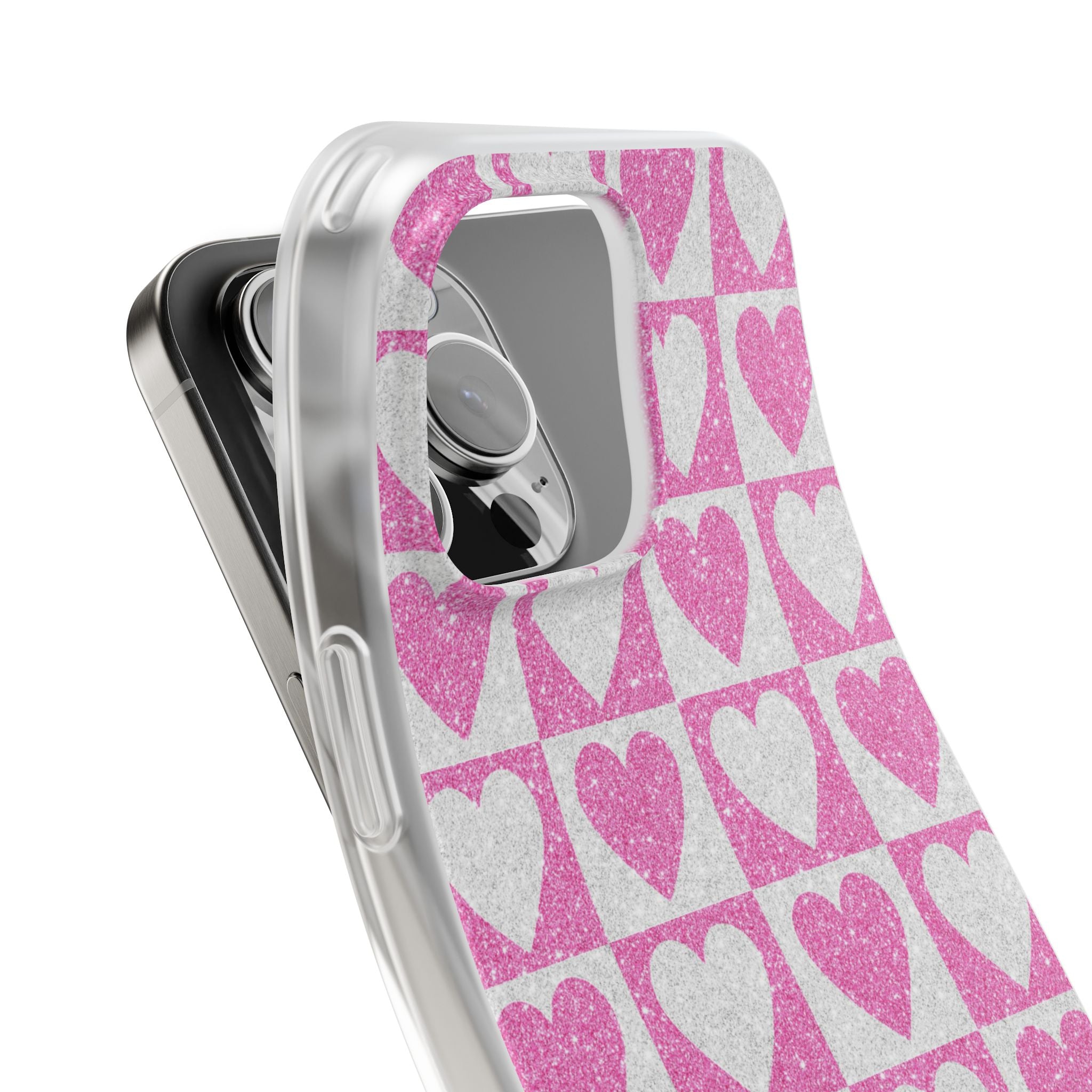 Glitter Heart Grid iPhone 16 Pro Max Case - Soft