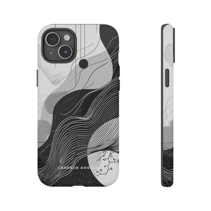 Fluid Rhythms: Monochrome Line Flow iPhone 15 - Tough Phone Case