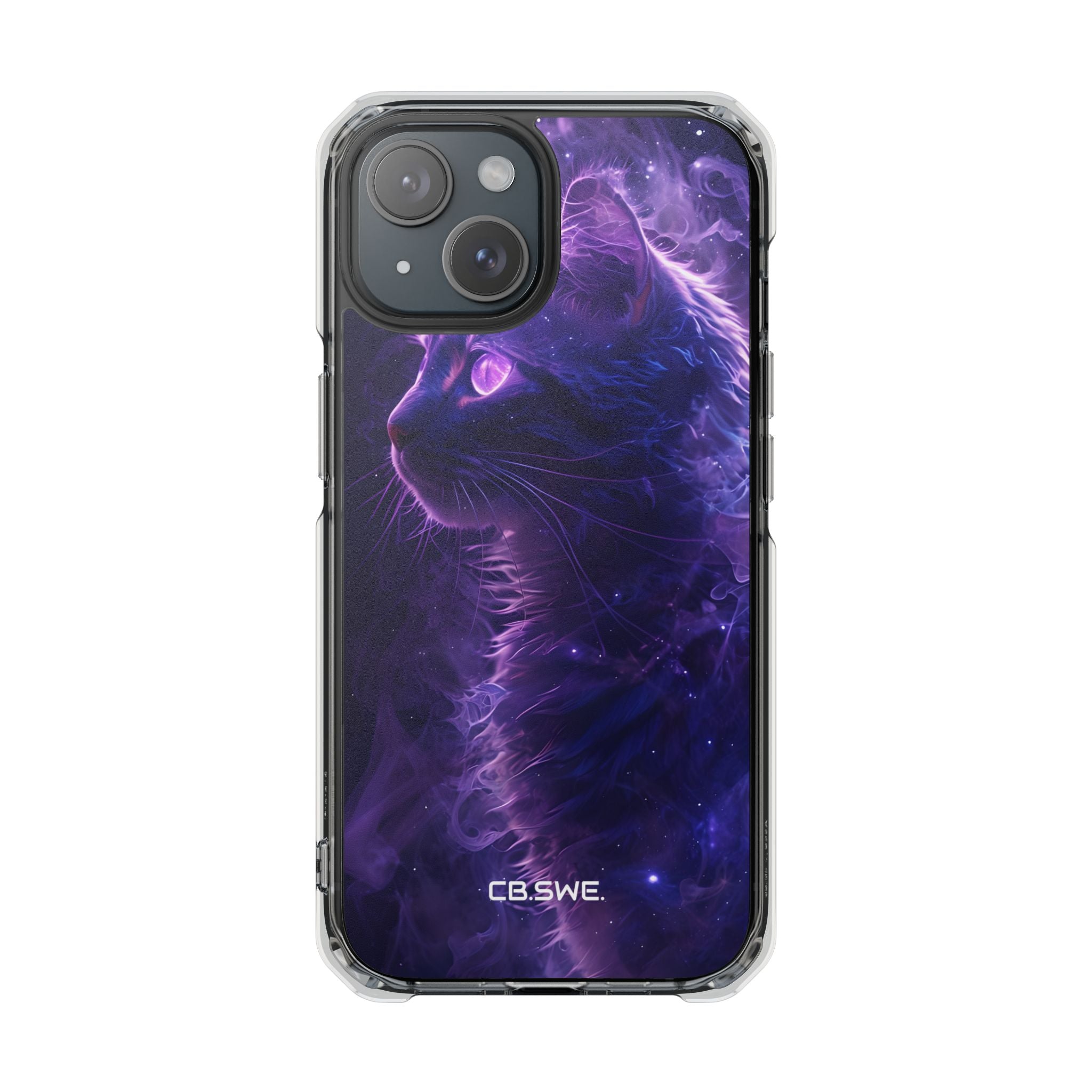Cat with Cosmic Glow and Mystical Swirls iPhone 15 - Impact Clear+