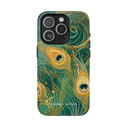 Peacock Elegance in Teal and Gold iPhone 15 | Tough+ Phone Case