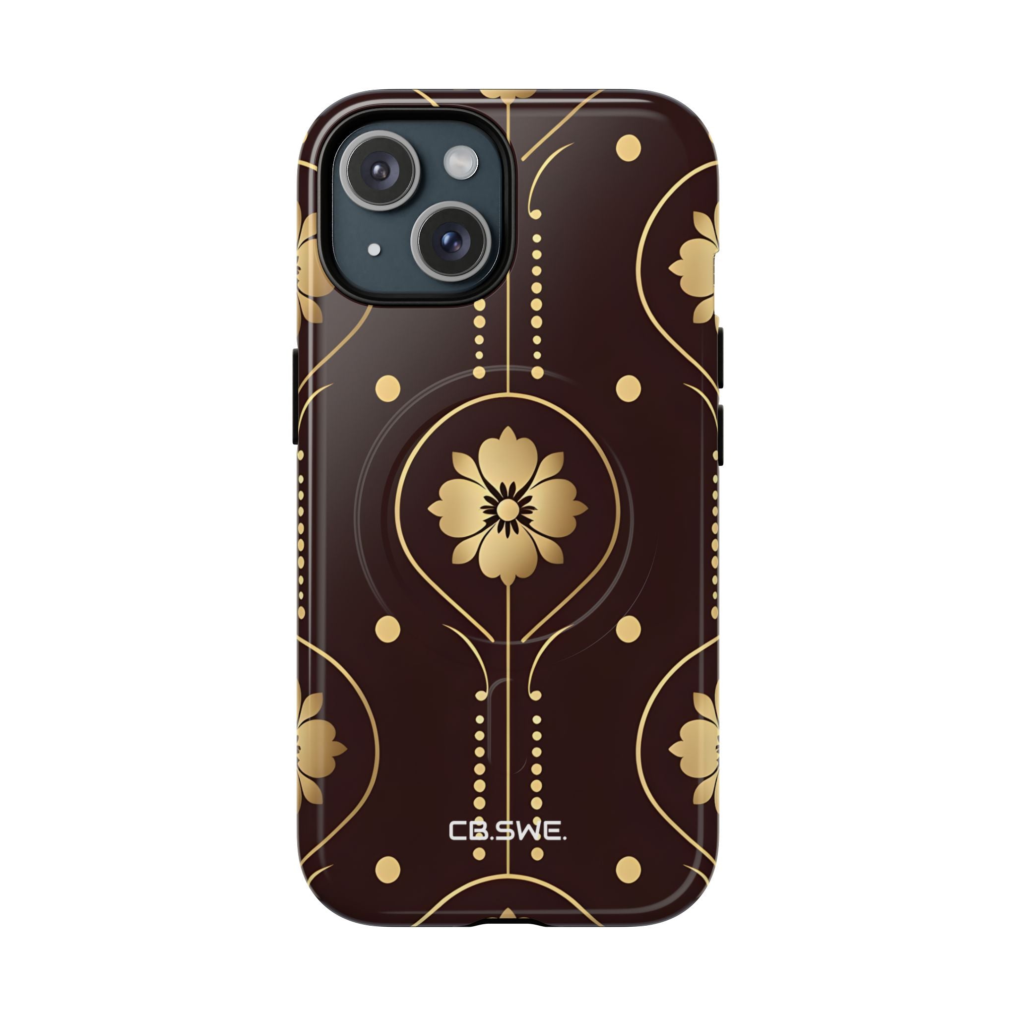 Elegant Guld Blomstret Symmetrisk på Mørk Brun iPhone 15 - Tough+