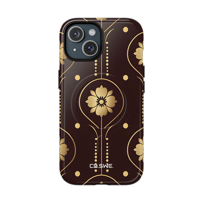 Elegant Gold Floral Symmetrical on Dark Brown iPhone 15 - Tough+
