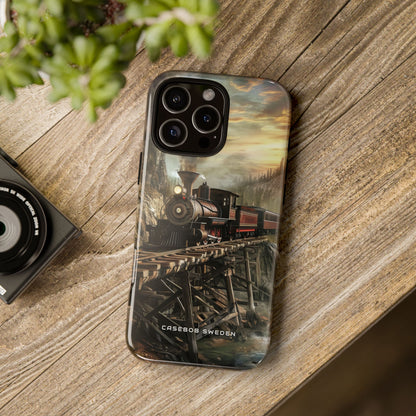 Vintage Steam Train Crossing Mountain Bridge iPhone 16 - Tough Phone Case