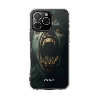 Ein Zombie mit scharfen Zähnen und offenem Mund, der Vampir zeigt. iPhone 16 – Impact Clear+