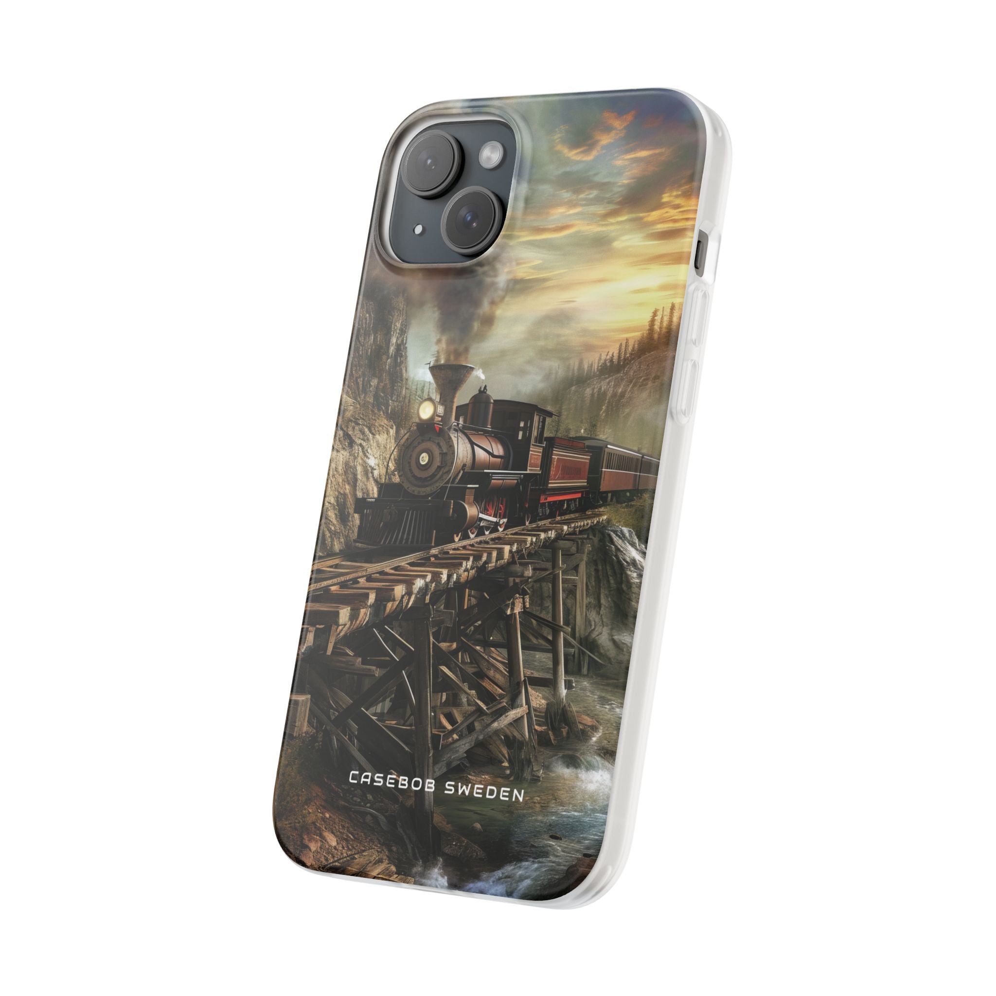 Vintage Steam Train Crossing Mountain Bridge iPhone 15 - Flexi Phone Case