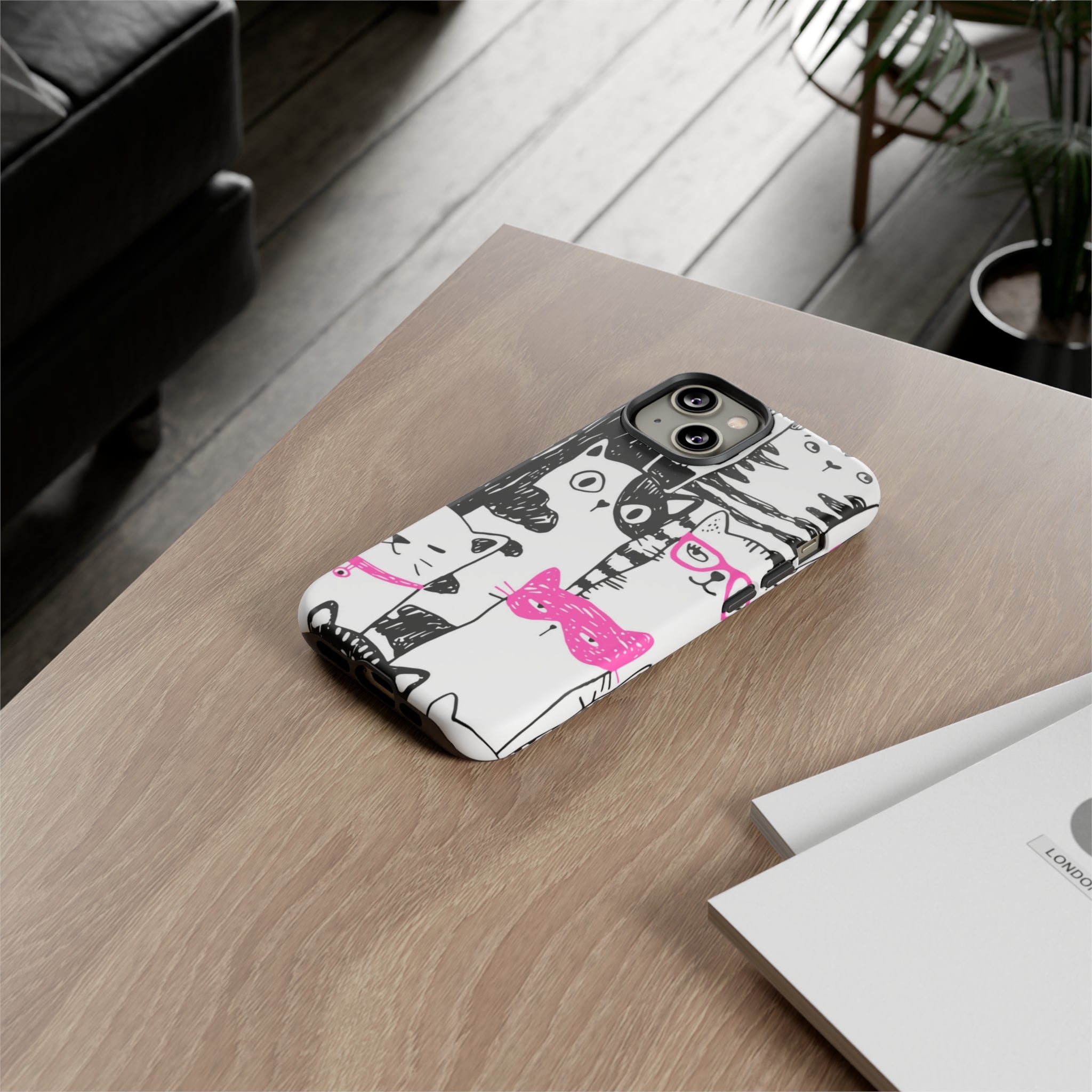 Black & Pink Cat Pattern iPhone Case (Protective) Phone Case