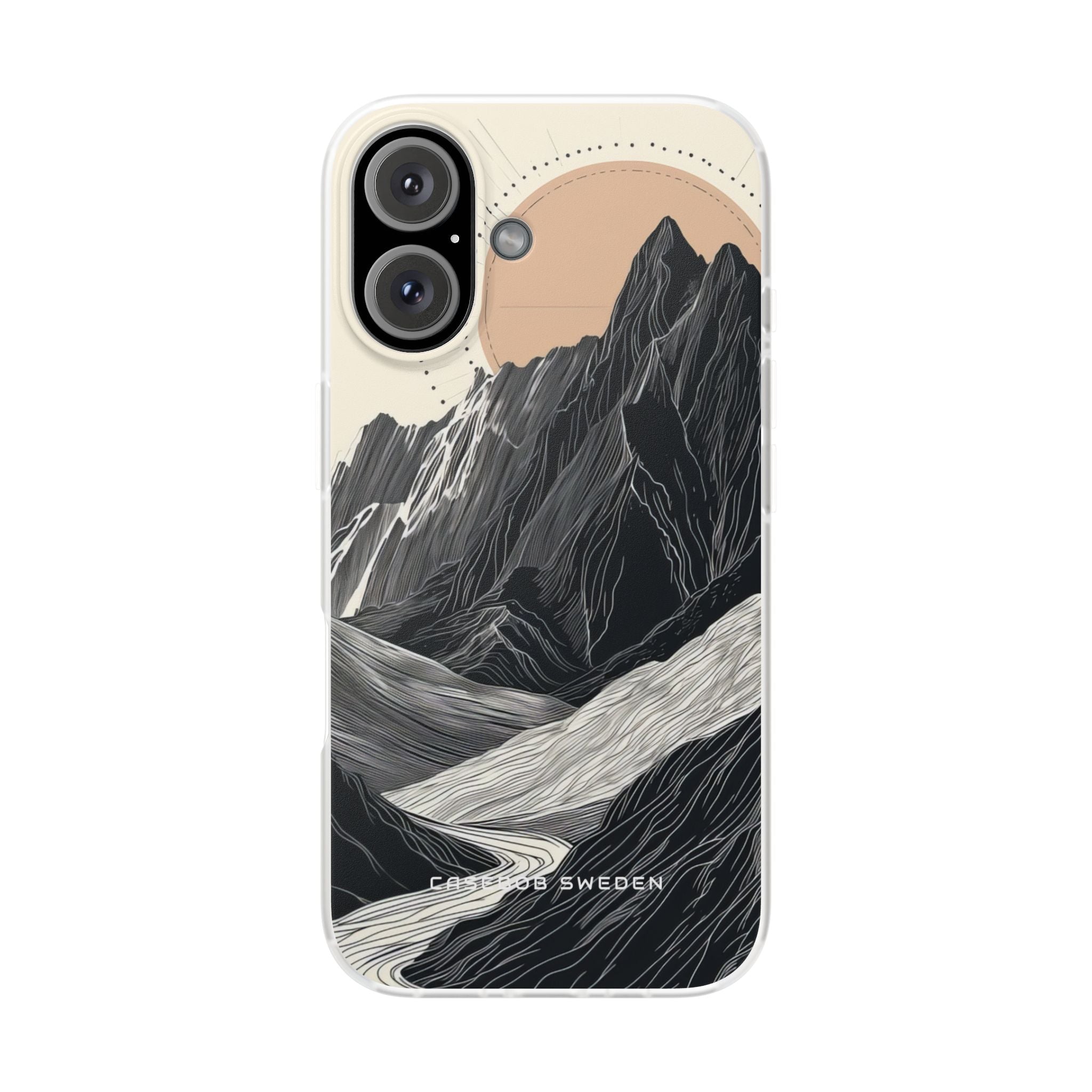 Minimalist Mountain Landscape with Flowing River iPhone 16 - Flexi Phone Case