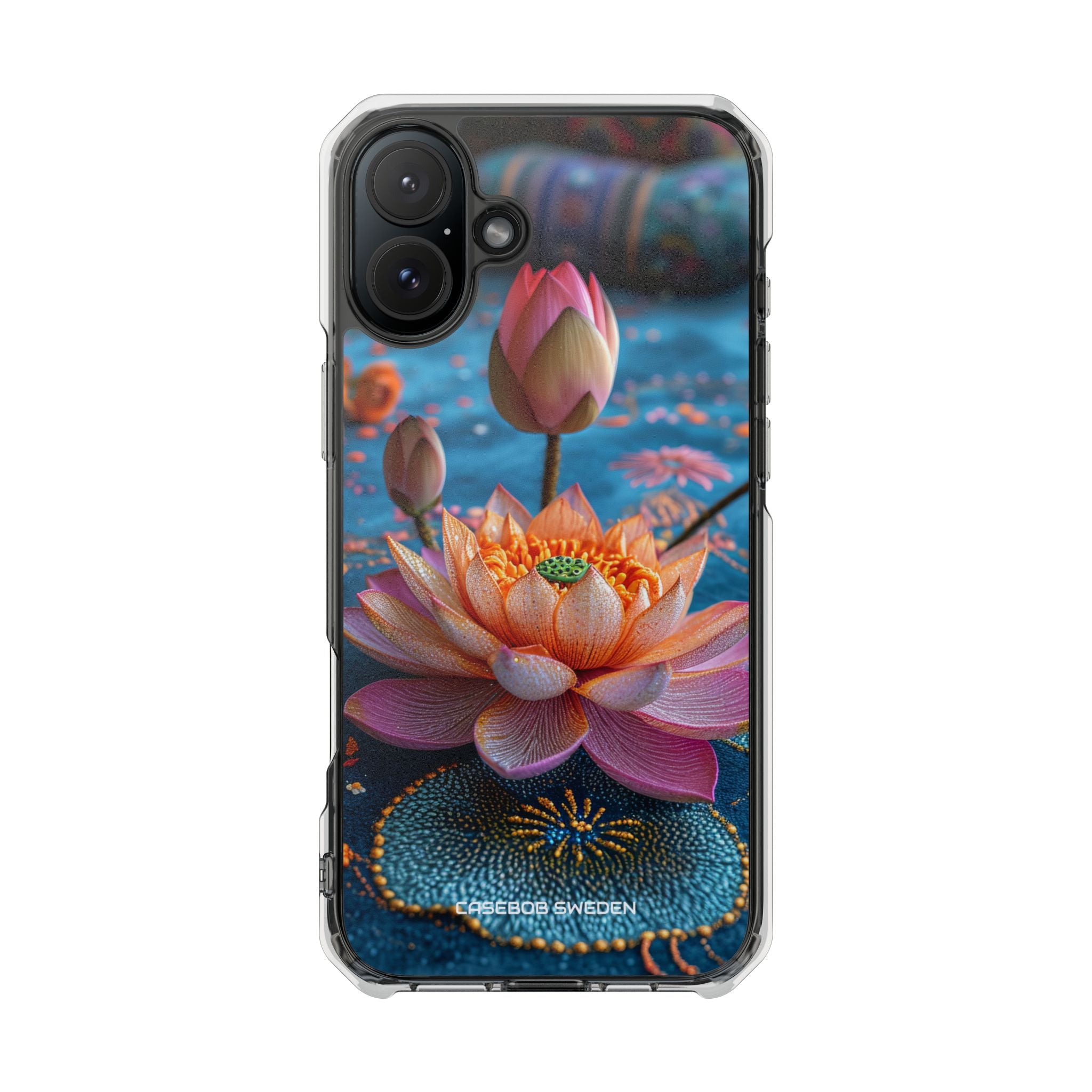 Vibrant Lotus Embroidery - Clear Impact iPhone 16 Phone Case