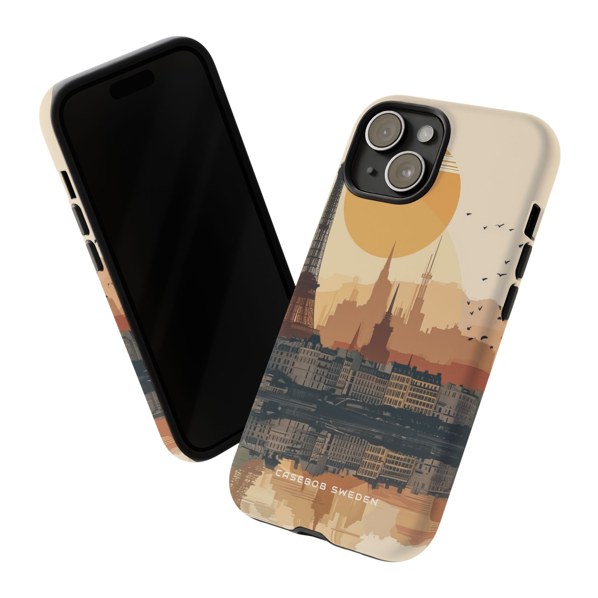 Eiffel Tower Silhouette with Birds and Sun Reflection iPhone 15 - Tough Phone Case