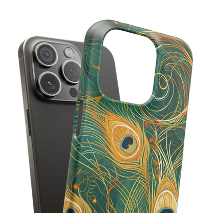 Peacock Elegance in Teal and Gold iPhone 15 - Slim Phone Case