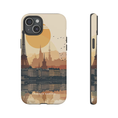 Eiffel Tower Silhouette with Birds and Sun Reflection iPhone 15 - Tough Phone Case