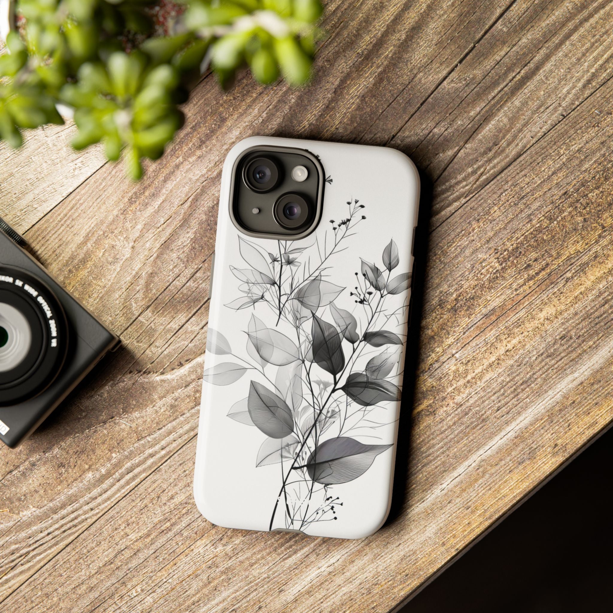 Veined Leaves Gray iPhone 15 Case - Tough