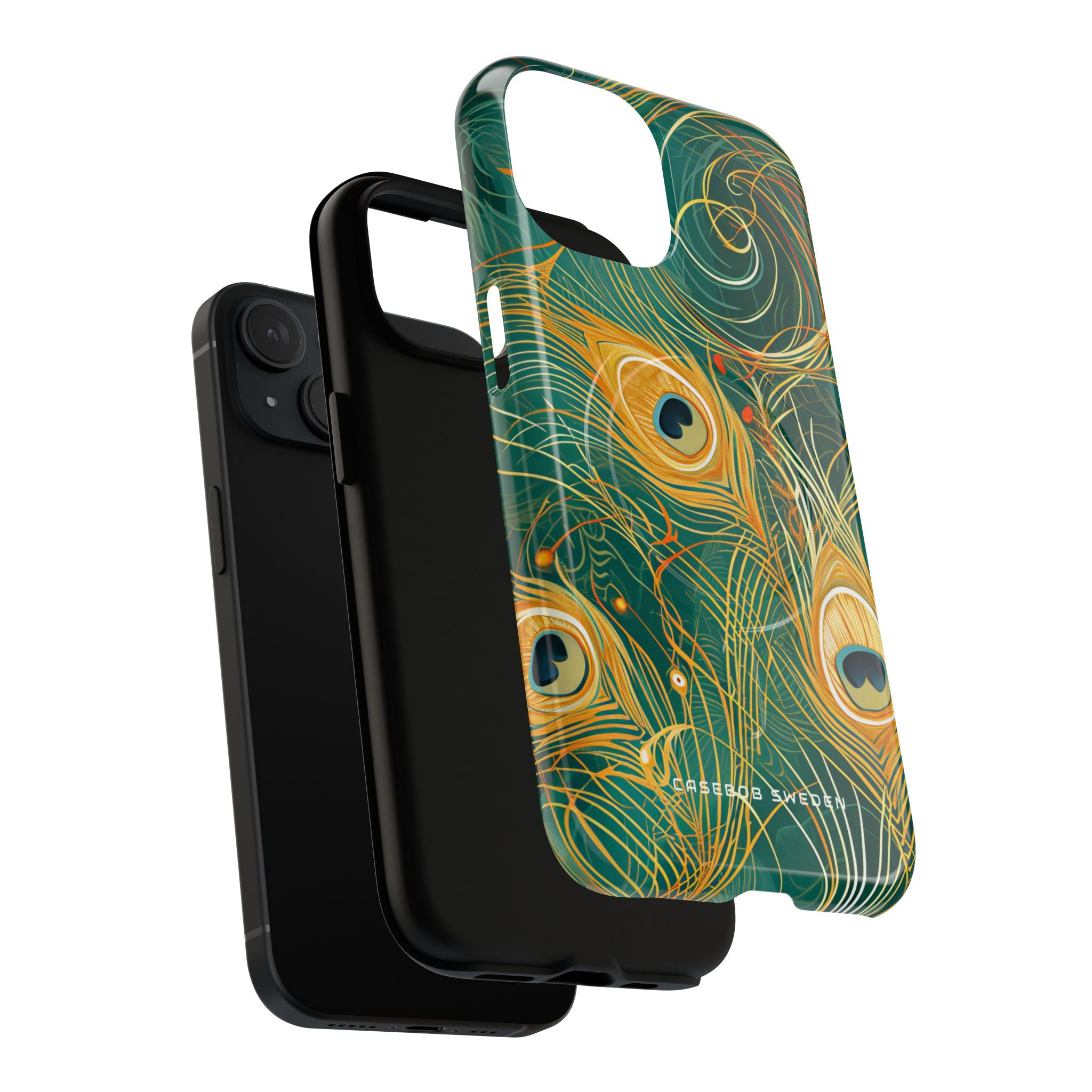 Peacock Elegance in Teal and Gold iPhone 15 | Tough+ Phone Case