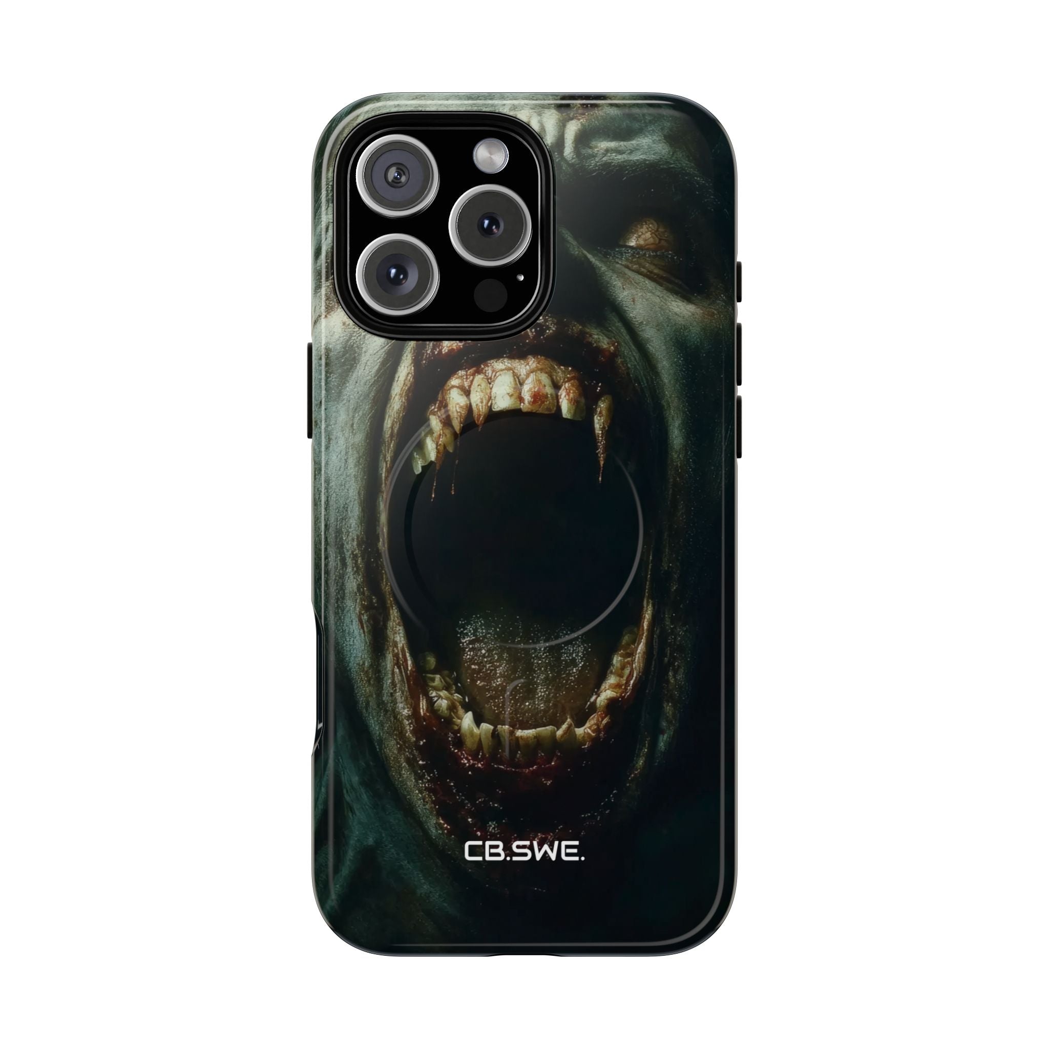 Ein Zombie mit scharfen Zähnen und offenem Mund, der Vampir zeigt. iPhone 16 – Robust+