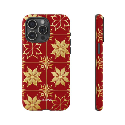 Elegant Gold Floral Seamless Rich Red iPhone 15 - Tough