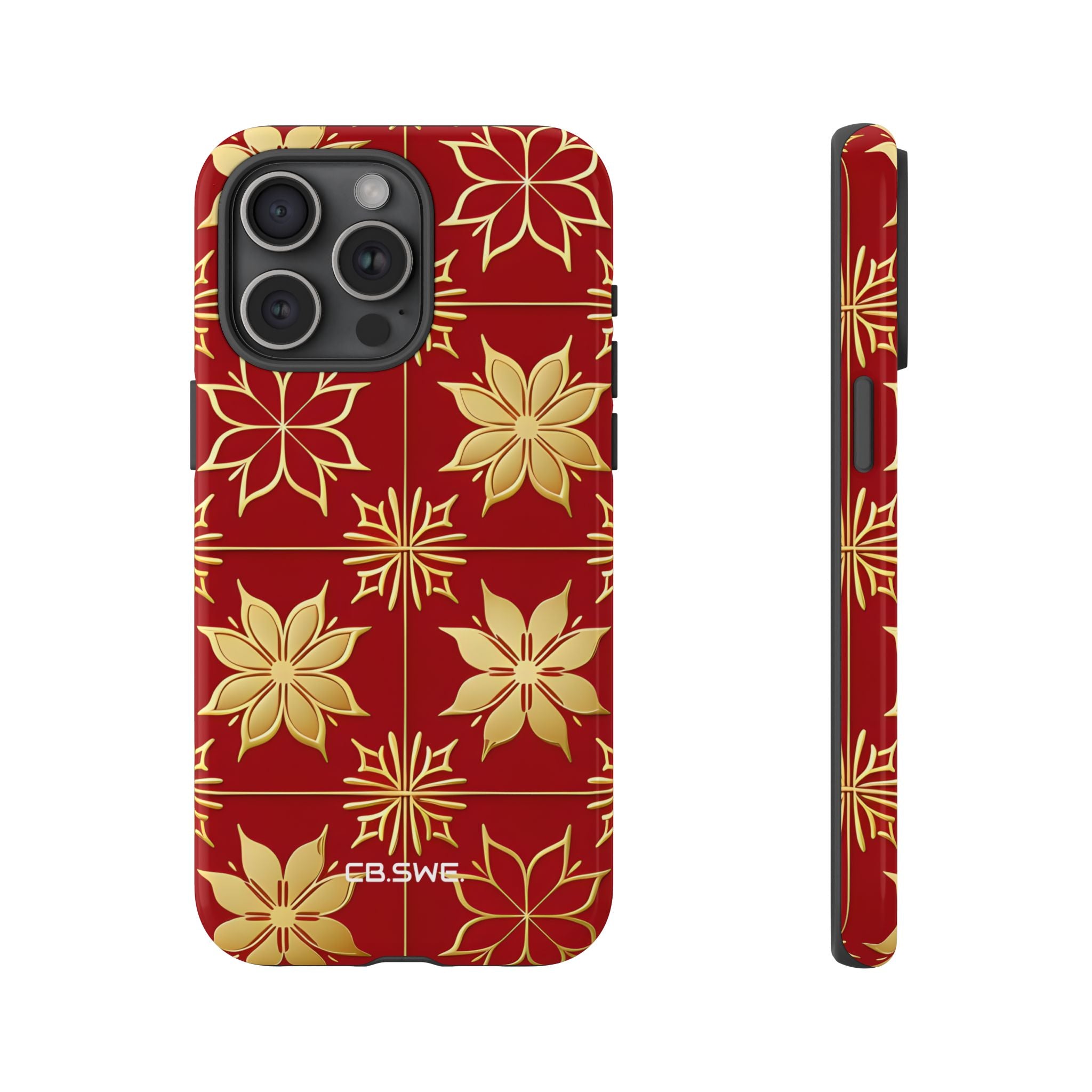 Eleganter Gold Floral Seamless Rich Red iPhone 15 - Tough