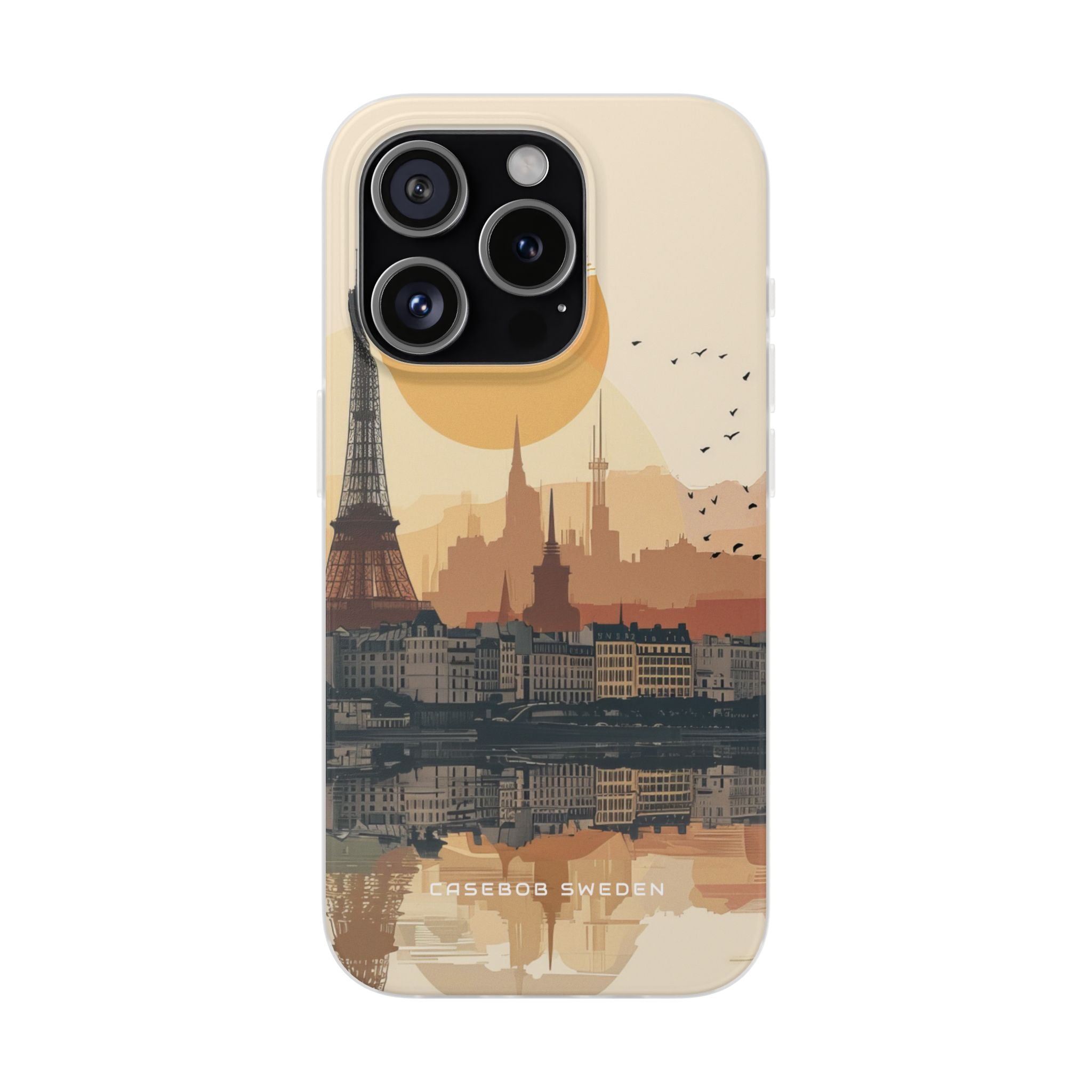 Eiffel Tower Silhouette with Birds and Sun Reflection iPhone 15 - Flexi Phone Case