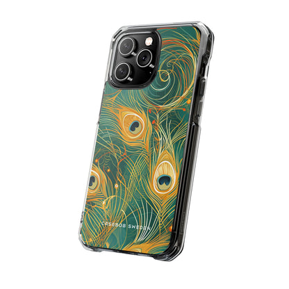 Peacock Elegance in Teal and Gold iPhone 14 - Clear Impact Phone Case