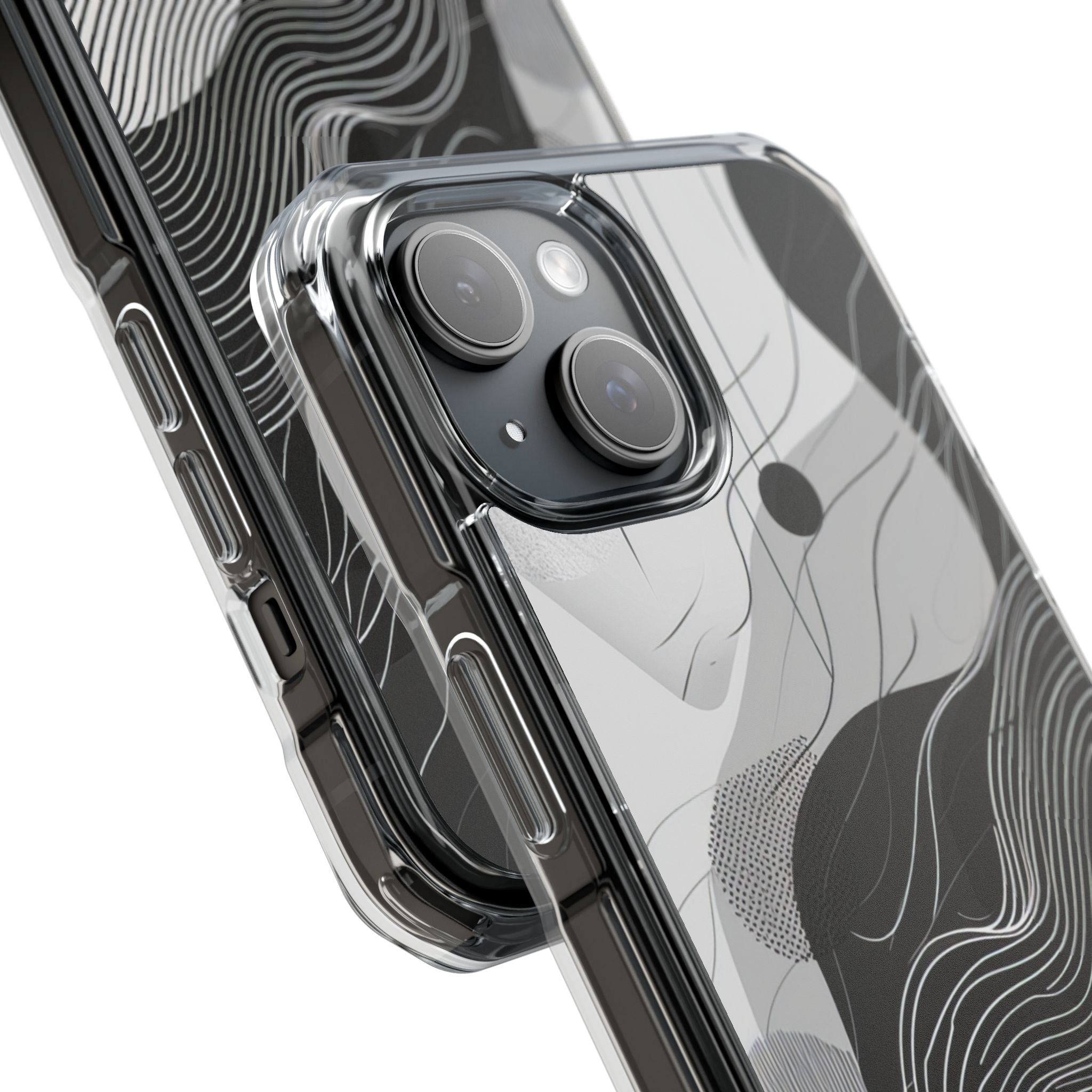 Fluid Rhythms: Monochrome Line Flow iPhone 15 - Clear Impact Phone Case