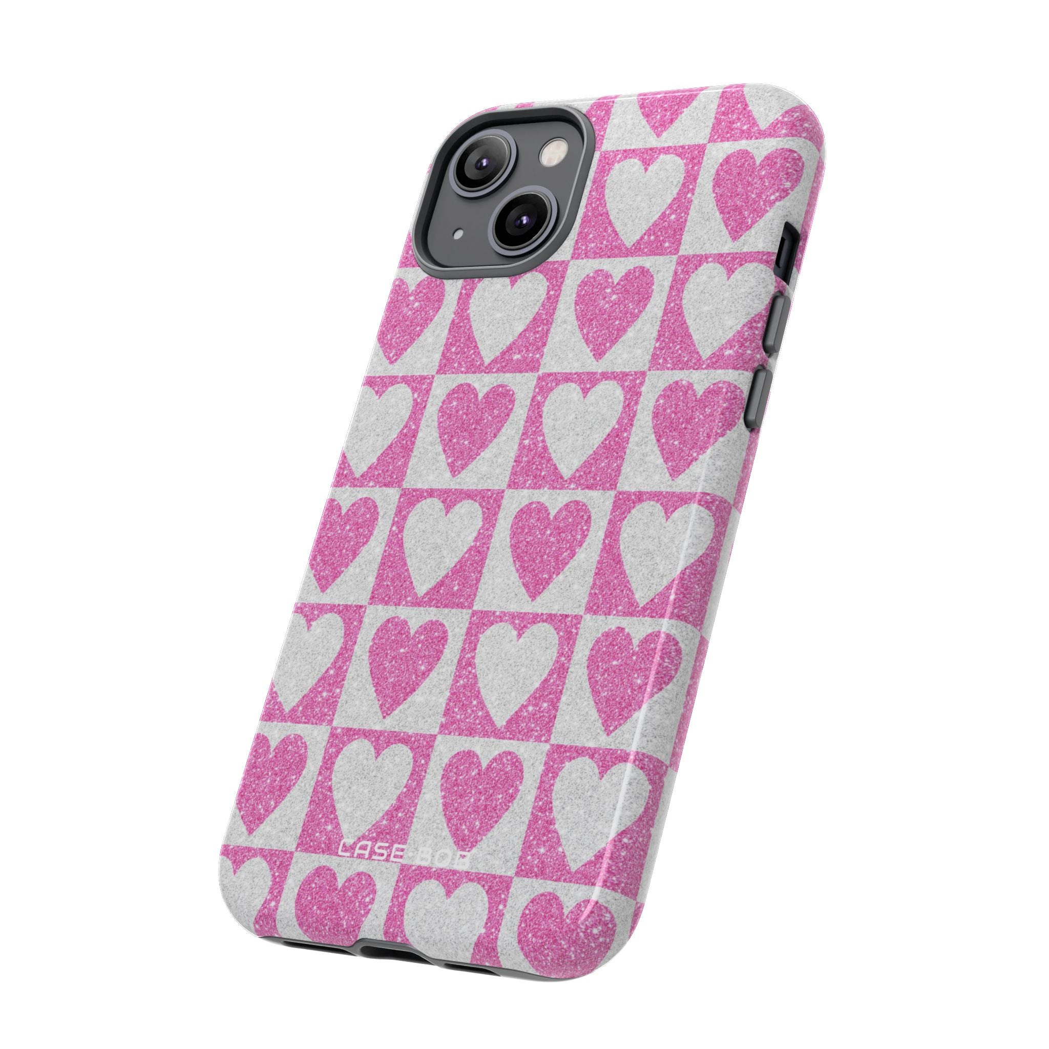 Glitter Heart Grid iPhone 14 Plus Case - Tough