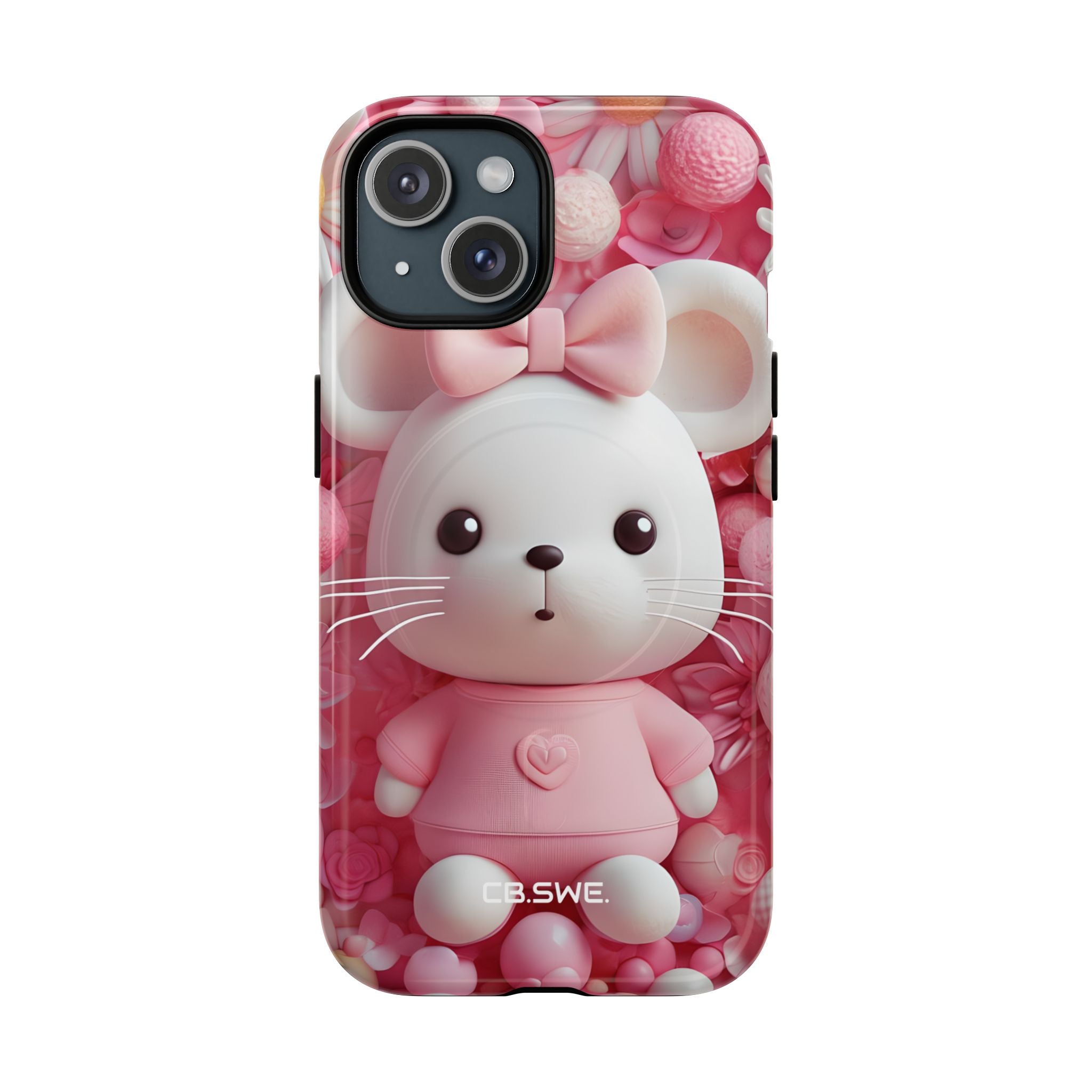 Adorable 3D Rendered White Mouse Plush Toy Floral iPhone 15 - Tough+