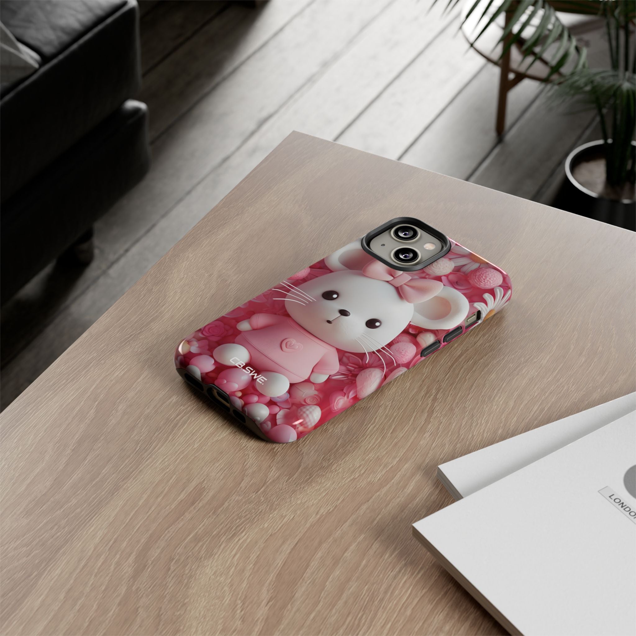 Adorable 3D Rendered White Mouse Plush Toy Floral iPhone 14 - Tough