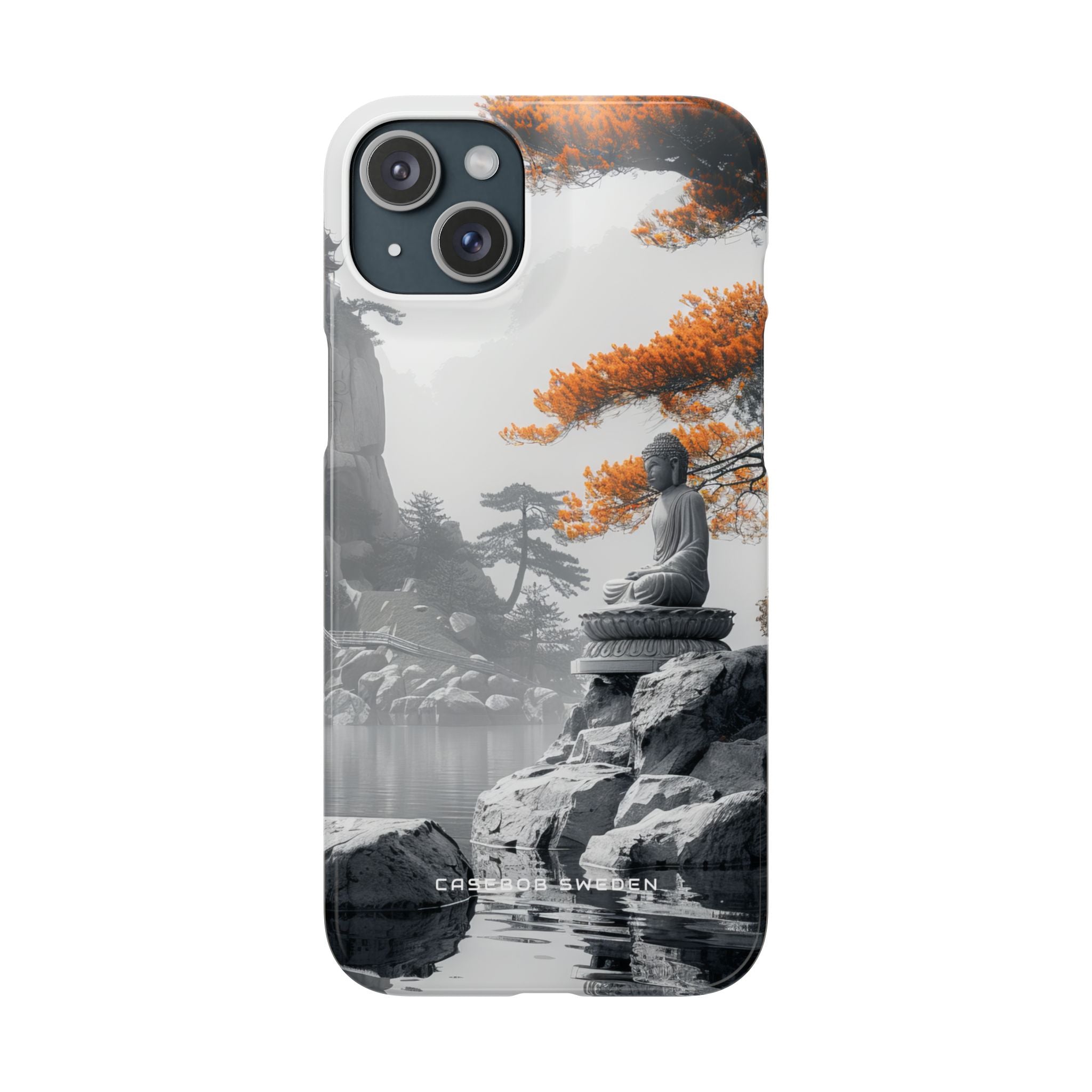 Zen Serenity: Tranquil Landscape with Buddha and Pagoda iPhone 15 - Slim Phone Case