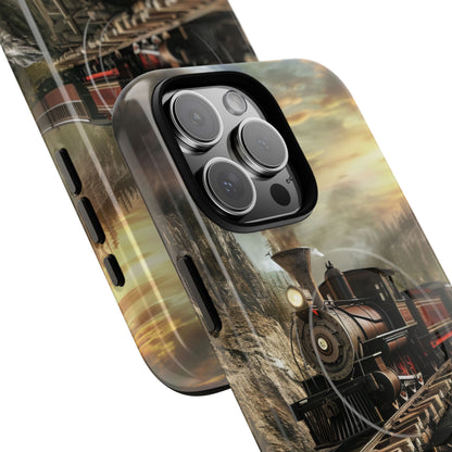 Vintage Steam Train Crossing Mountain Bridge iPhone 16 | Tough+ Phone Case