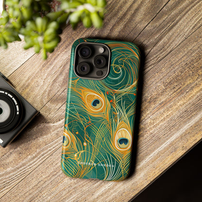 Peacock Elegance in Teal and Gold iPhone 15 - Tough Phone Case