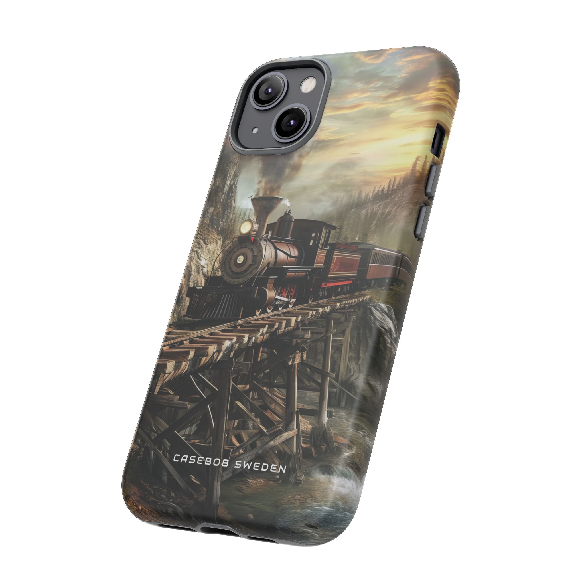 Vintage Steam Train Crossing Mountain Bridge iPhone 14 - Tough Phone Case