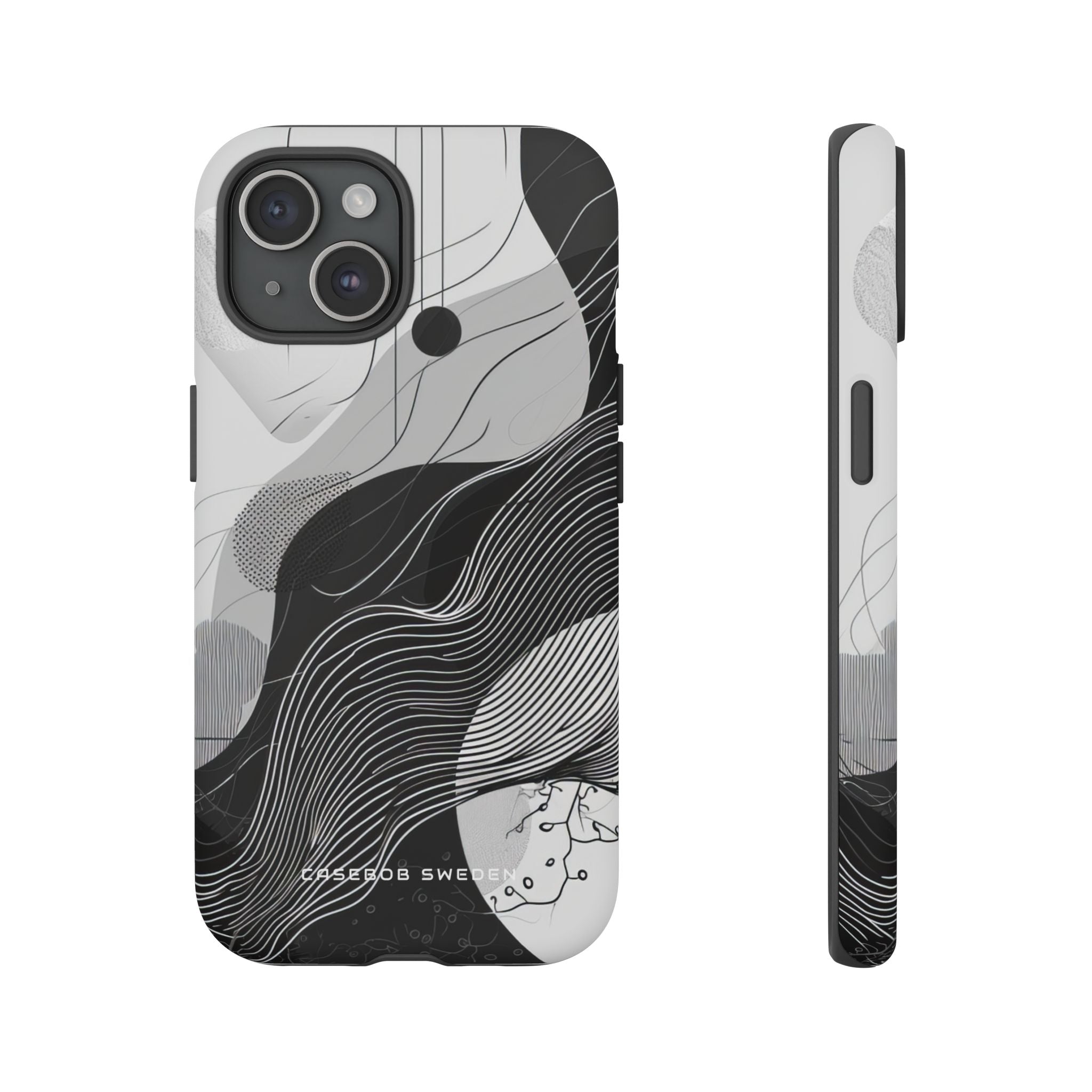 Fluid Rhythms: Monochrome Line Flow iPhone 15 - Tough Phone Case