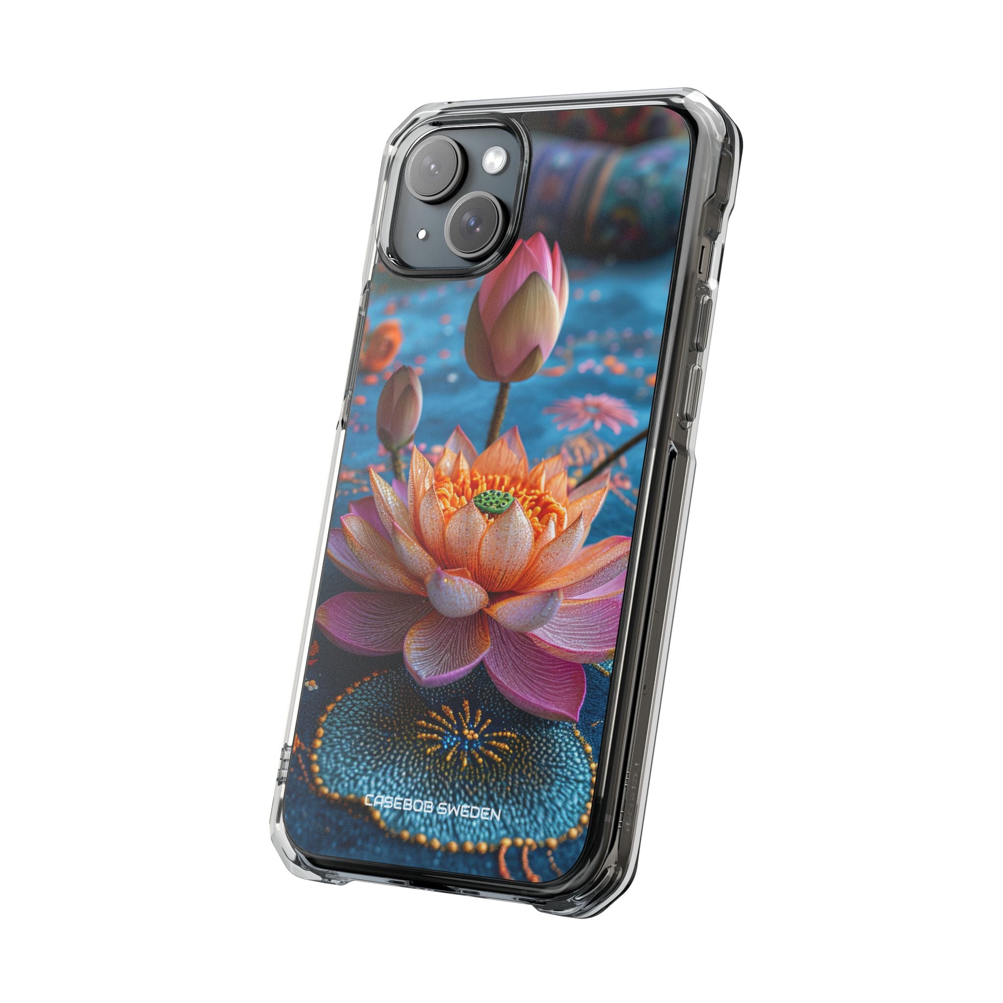 Vibrant Lotus Embroidery - Clear Impact iPhone 15 Phone Case