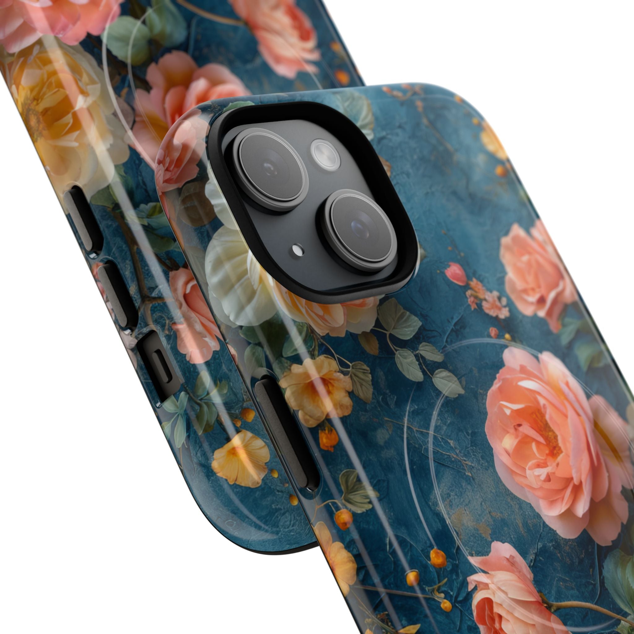 Blue Floral Elegance - Tough + MagSafe® iPhone 15 Phone Case