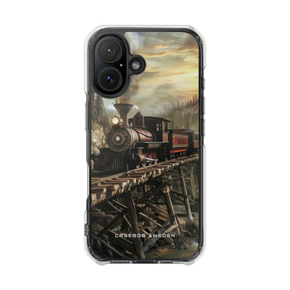 Vintage Steam Train Crossing Mountain Bridge iPhone 16 - Clear Impact Phone Case