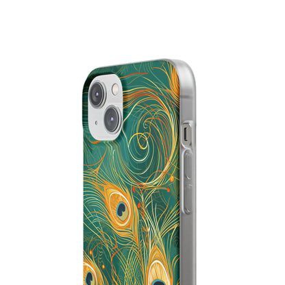 Peacock Elegance in Teal and Gold iPhone 14 - Flexi Phone Case