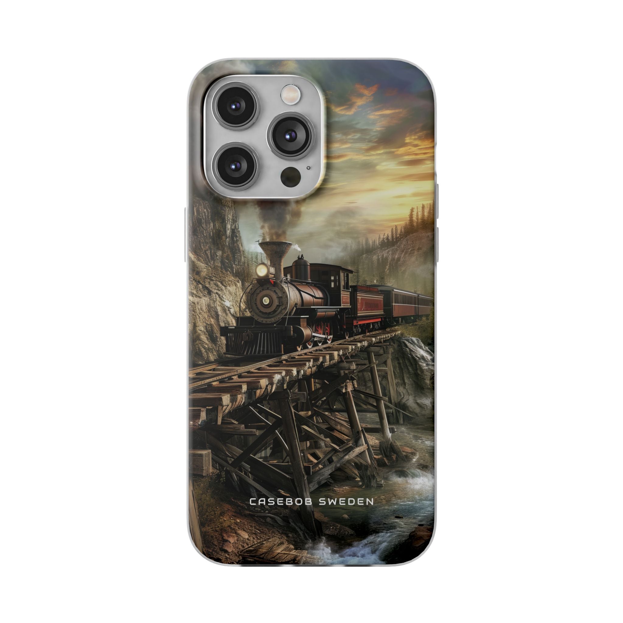 Vintage Steam Train Crossing Mountain Bridge iPhone 14 - Flexi Phone Case