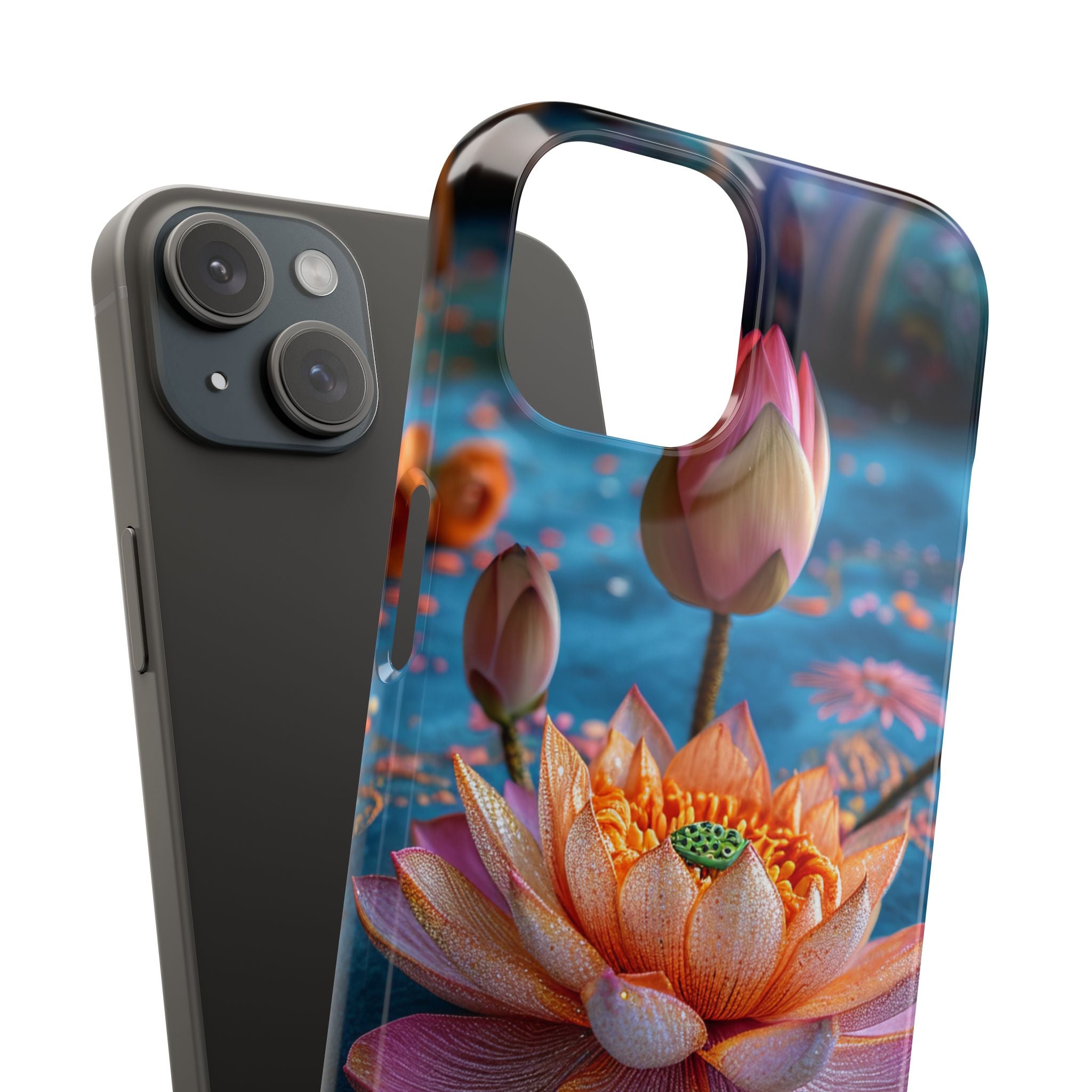 Vibrant Lotus Embroidery - Slim iPhone 15 Phone Case