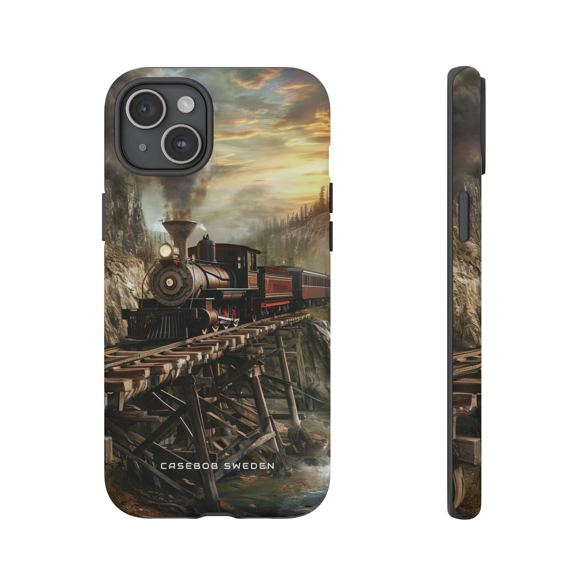 Vintage Steam Train Crossing Mountain Bridge iPhone 15 - Tough Phone Case