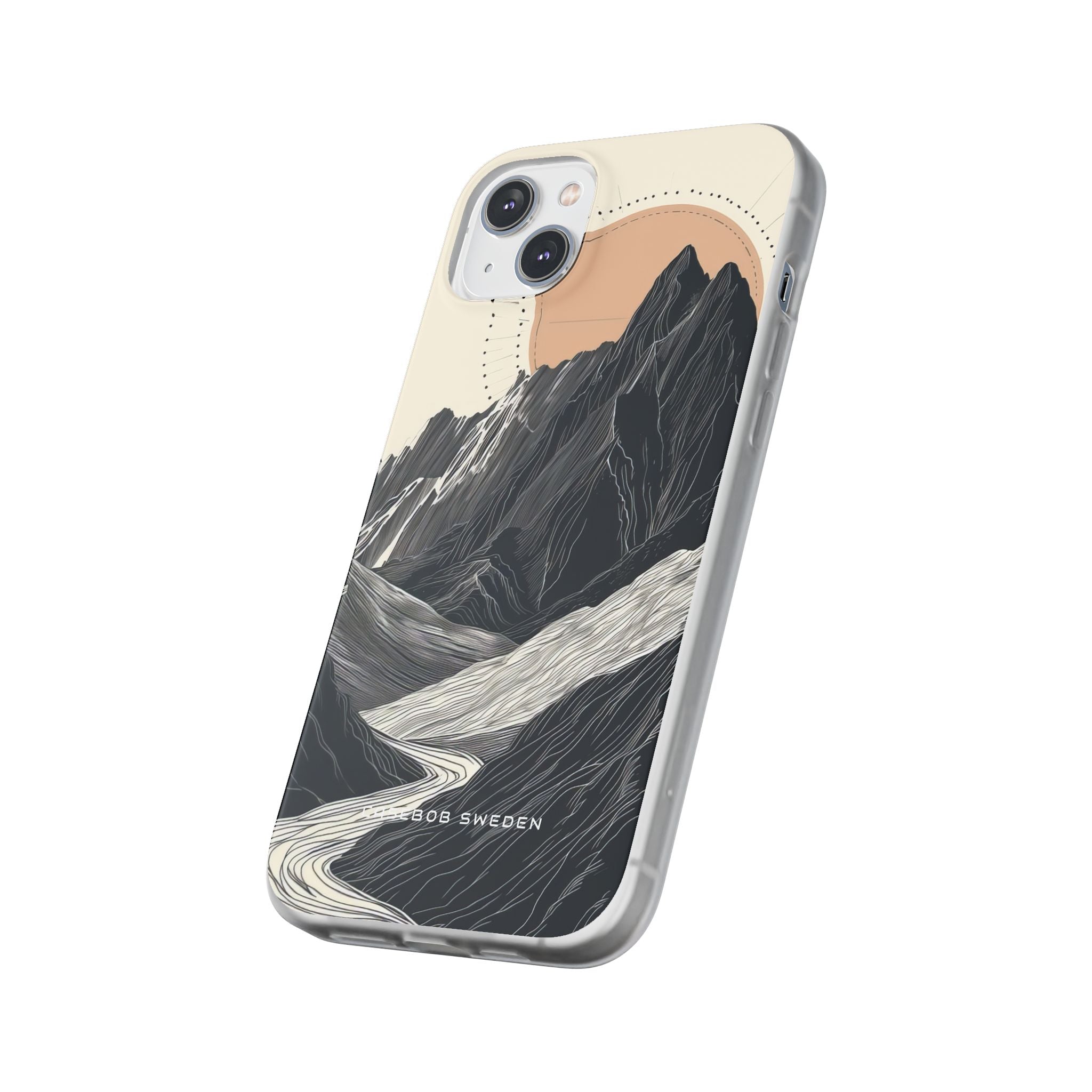 Minimalist Mountain Landscape with Flowing River iPhone 14 - Flexi Phone Case