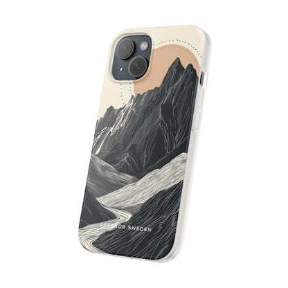 Minimalist Mountain Landscape with Flowing River iPhone 15 - Flexi Phone Case