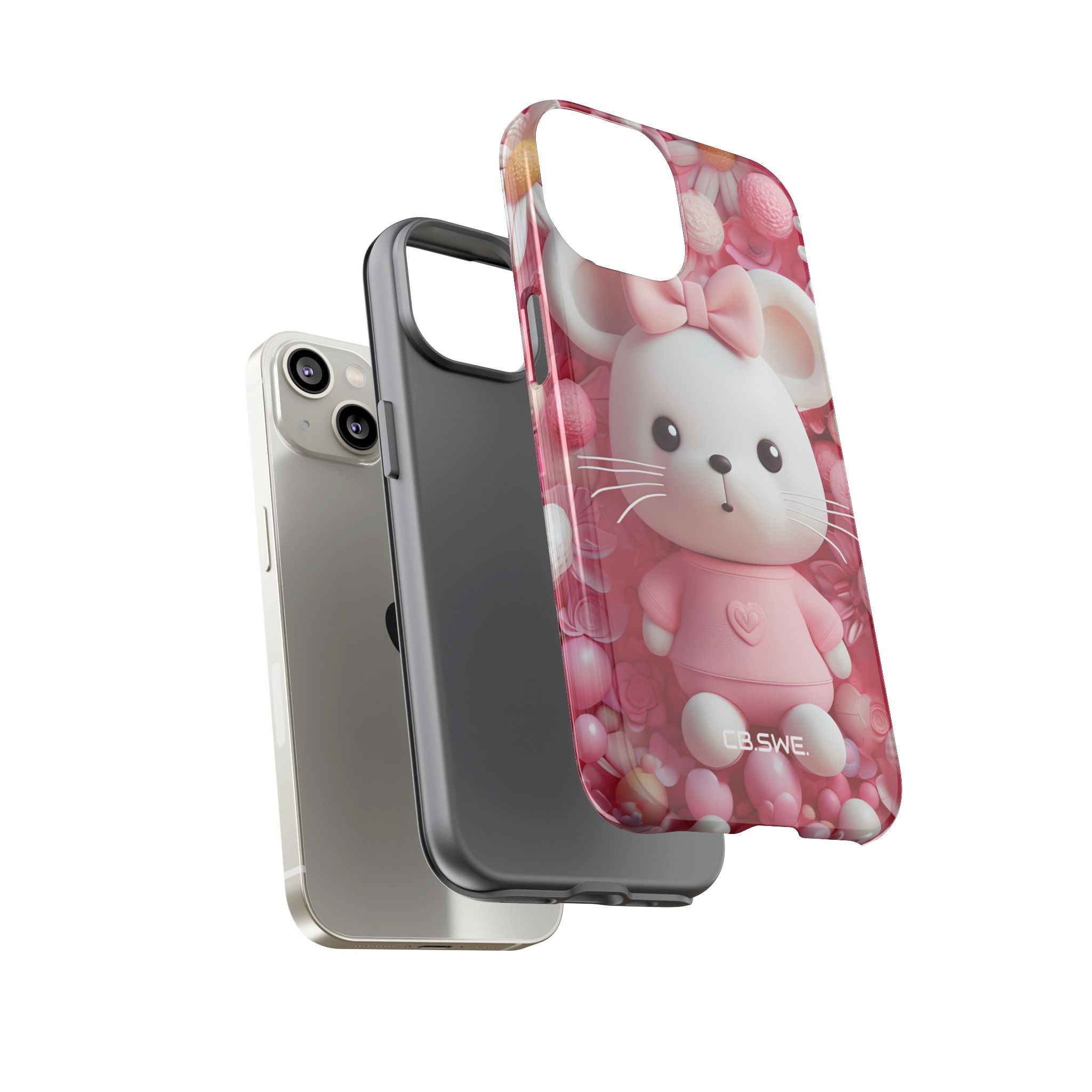 Adorable 3D Rendered White Mouse Plush Toy Floral iPhone 14 - Tough
